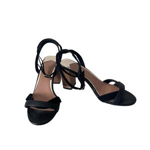 River Island  | Open Toe Black/Wood/Gold Block Heels | Size 8 (Fits like 9-9.5)